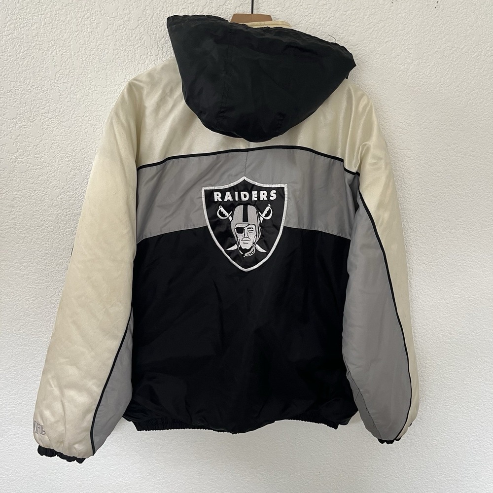 Vintage Raiders NFL Hooded Jacket XL Black Gray Starter Style 90s Stains Present